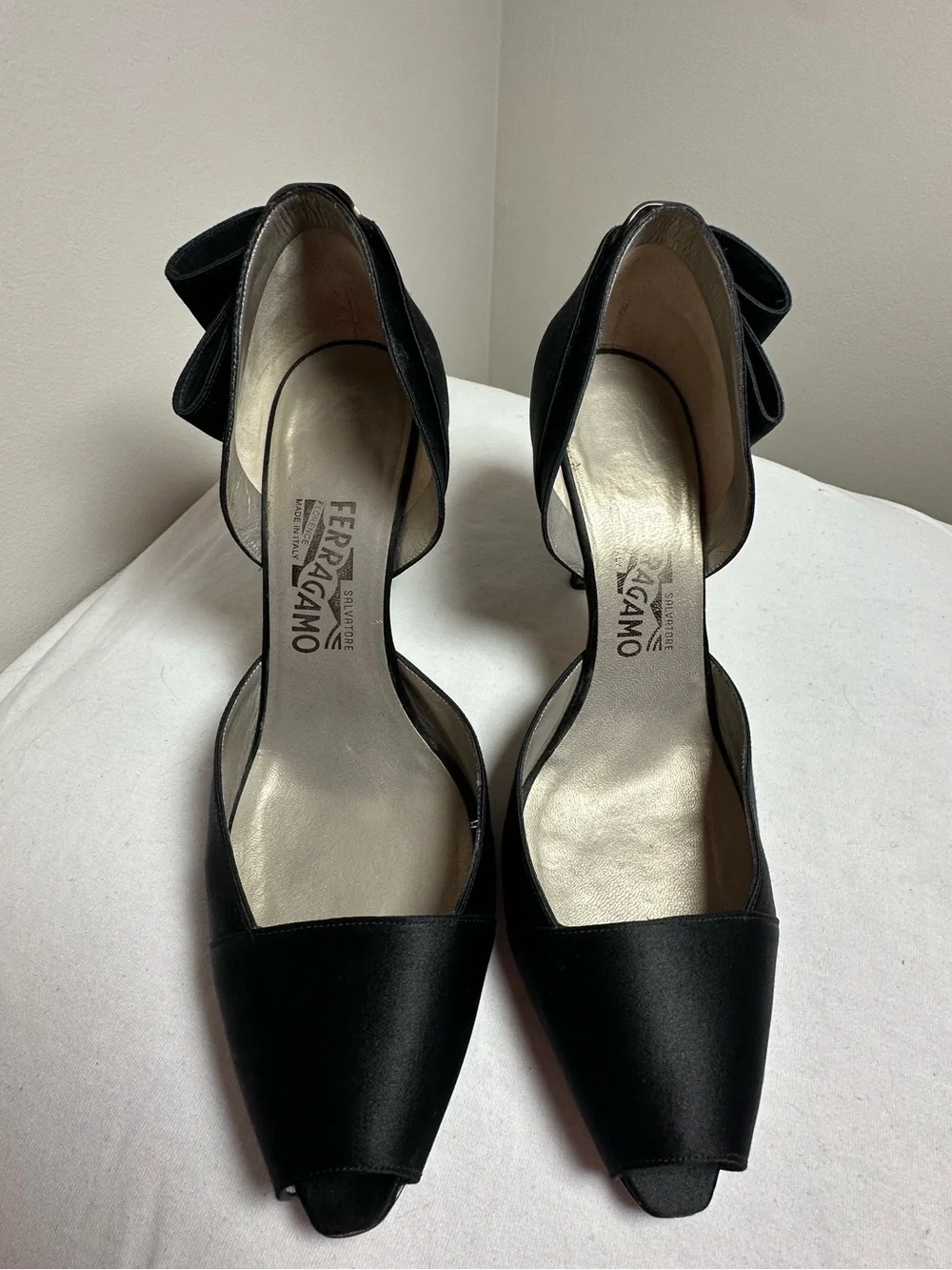 Ferragamo black satin peep toe black heels